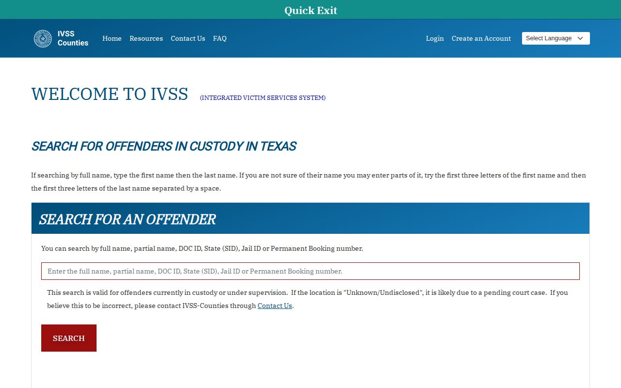 Texas IVSS-Counties specific-person custody notification portal