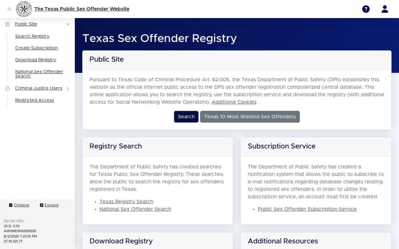 Official Texas DPS public sex offender registry search screen